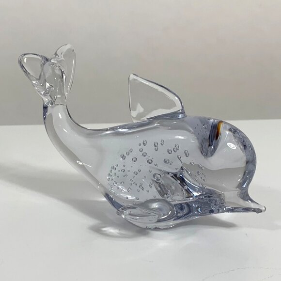 Handcrafted Clear Crystal Dolphin Figurine Controlled Bubble Design Paperweight - Picture 4 of 8